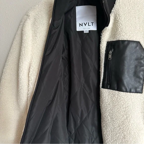 NVLT Anthropologie cream sherpa fleece longline jacket w/ faux leather accent - Picture 6 of 12